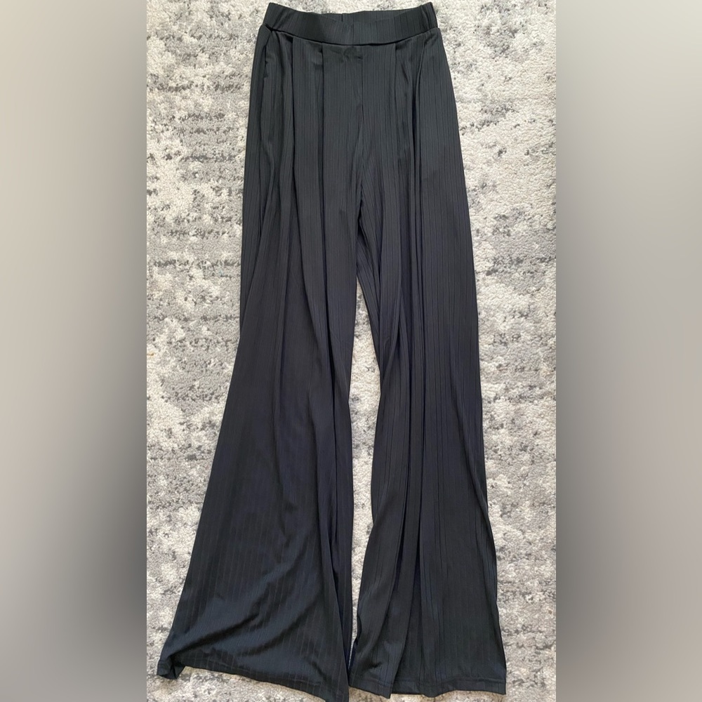 Matching Black Lounge Set- Long Sleeve Crop and High Waisted Wide Leg Pants